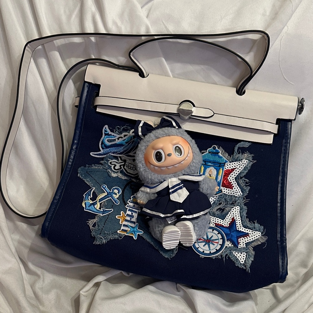 Navy and White Women's Shoulder Bag with Nautical Accents